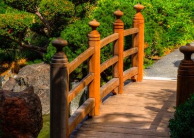 A wooden bridge at Downtown San Mateo Japanese Garden