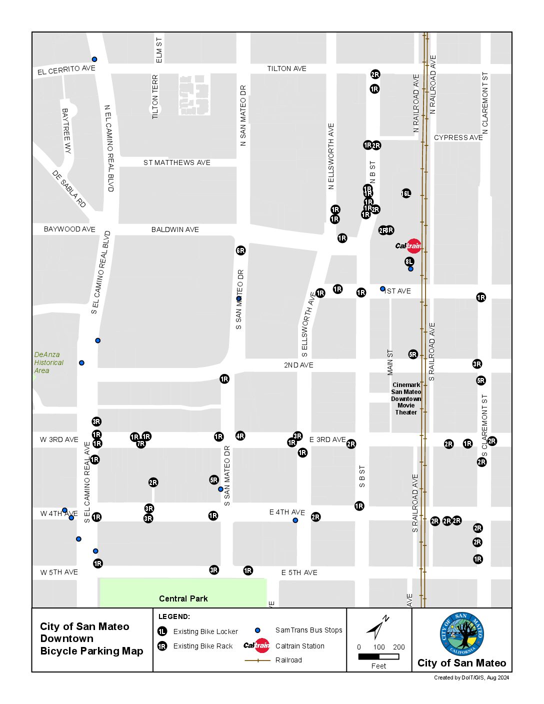 Bike parking map for Downtown San Mateo, CA