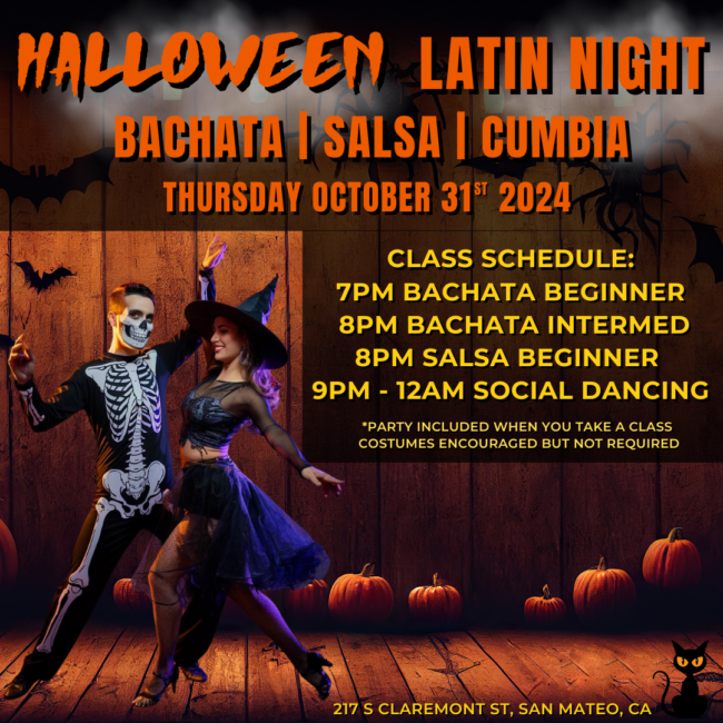 Image of dancers in a skeleton costume and a witch costume. Plus details of event (see below)