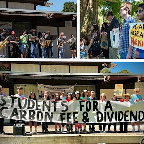 Photos from the 2023 event. photo of student band, photos of teens holding climate signs.