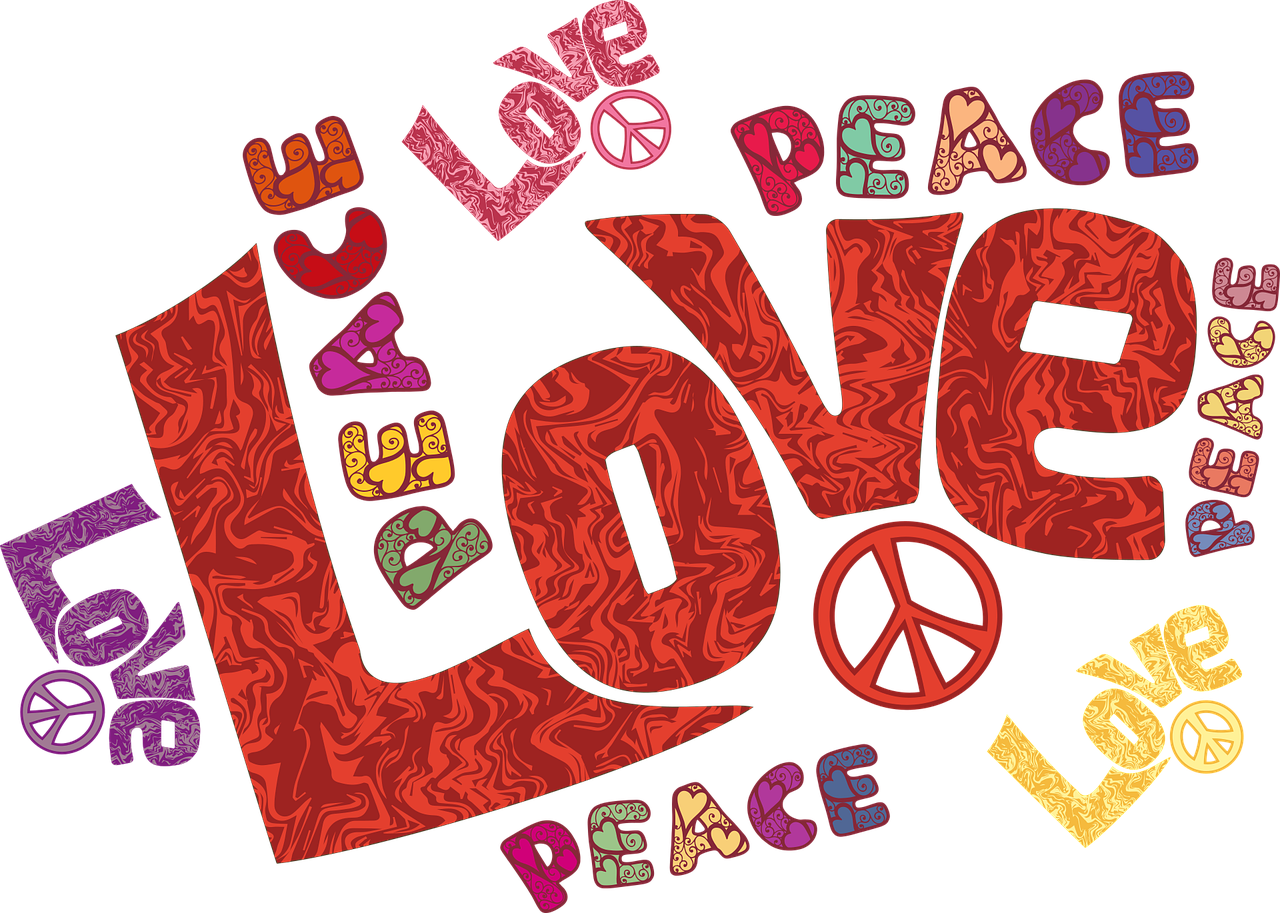 colorful word art with the words love and peace multiple times