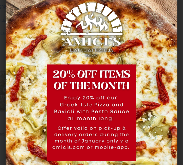 Image of a Mediterranean style pizza plus a description of the January deal