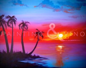 painting of an island silhouette with a calm ocean and sunset in the background