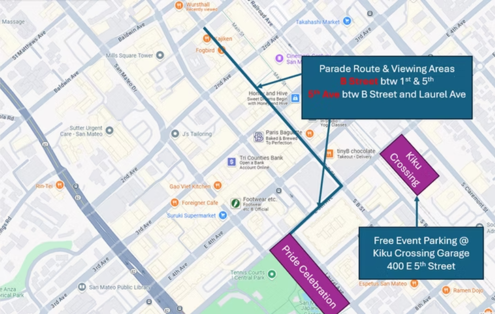 image of a Downtown San Mateo with the parade route highlighted