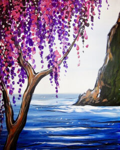 painting of a tree with purple leaves in the foreground with a calm ocean and a cliff in the background