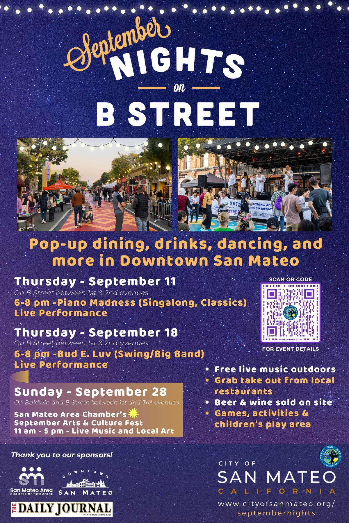 Flyer for the September NIghts on B concerts, including two photos of people enjoying previous years' events