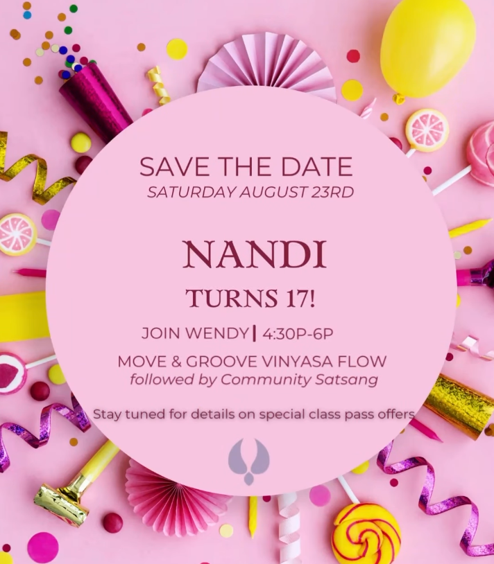 Flyer for the birthday event with party streamers and other party items on a pink background