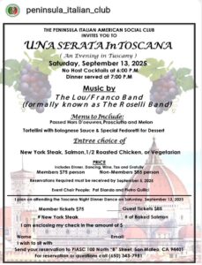 Flyer for the event with illustrated images of grapes and Italian architecture in the background