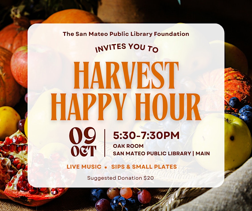 Harvest Happy Hour flyer with photos of pumpkins in the background