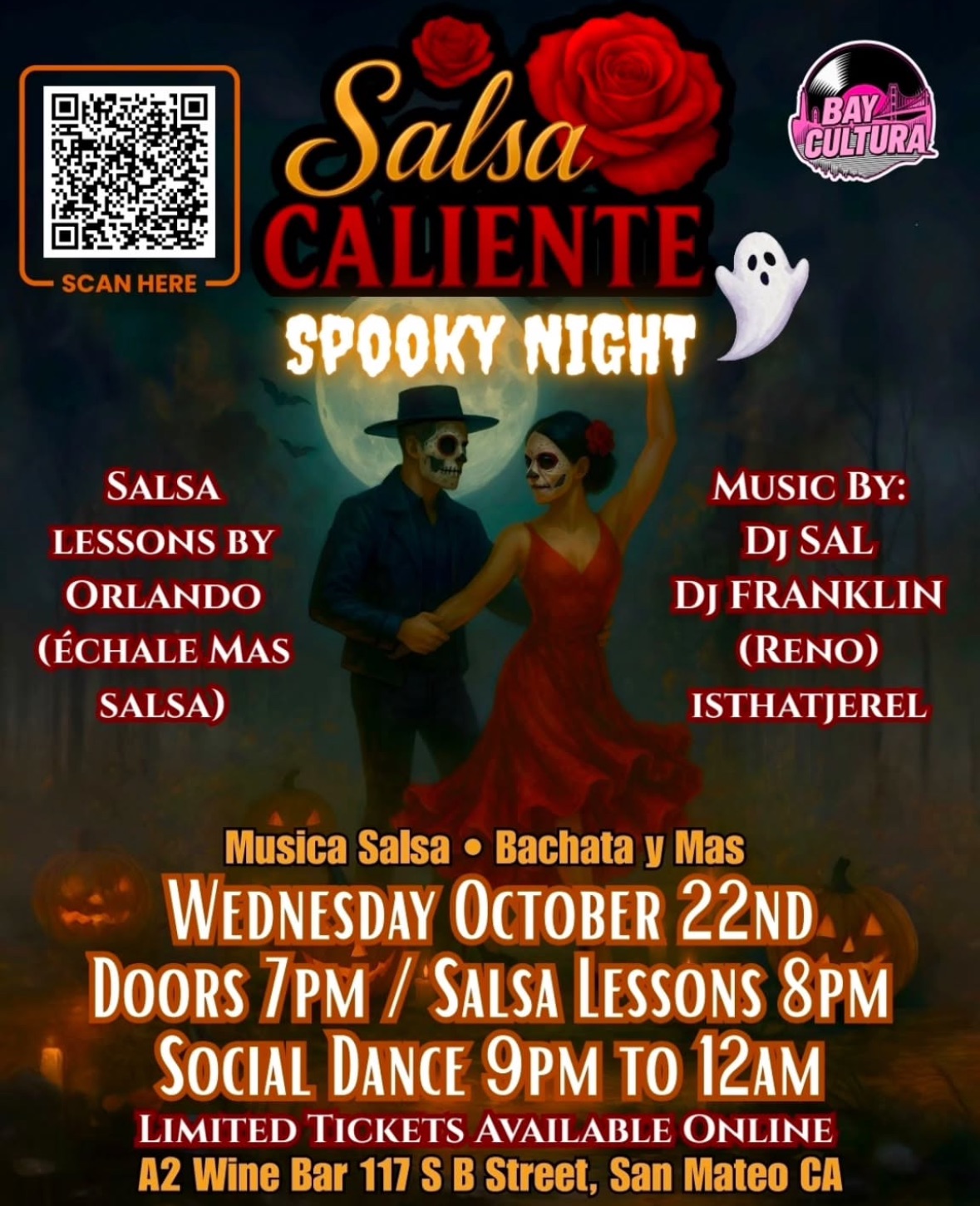 Flyer for the event with illustrated image of two people dancing with their faces painted like skulls