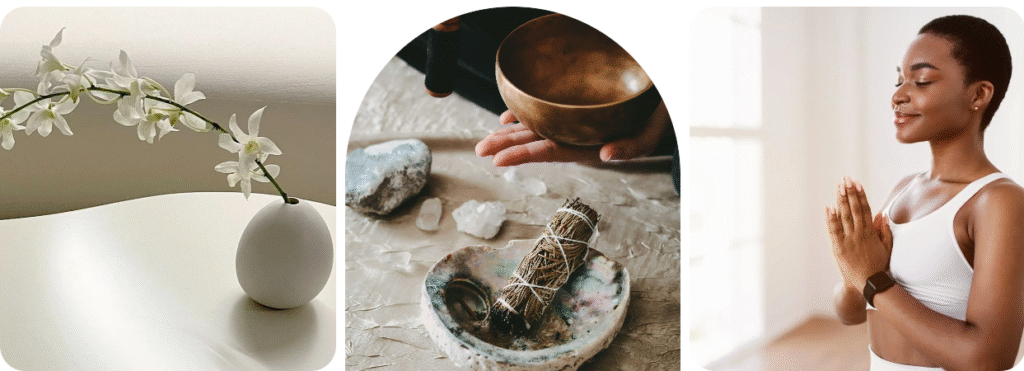 three photos, one of a flower in a vase, one of sage and crystals, and one of a woman meditating