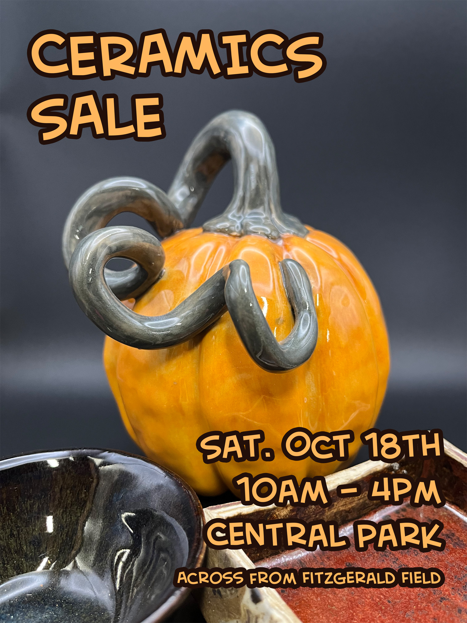 flyer for the sale with a photo of a ceramic pumpkin