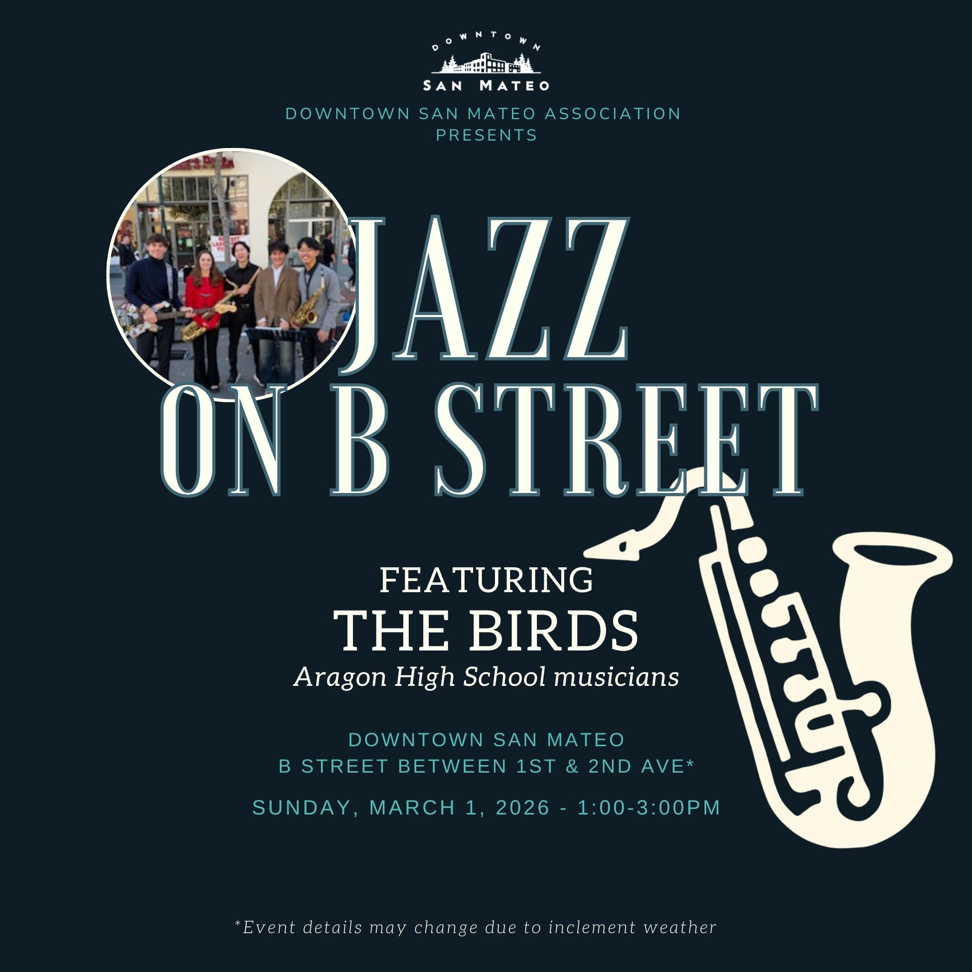 flyer for the event with a photo of The Birds and a cartoon image of a saxaphone