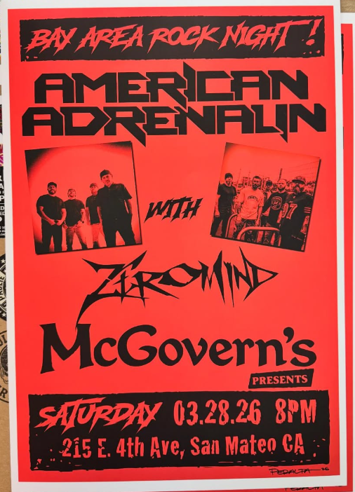 Flyer for the event with red background and black writing. includes black images of American Adrenaline and Zeromind