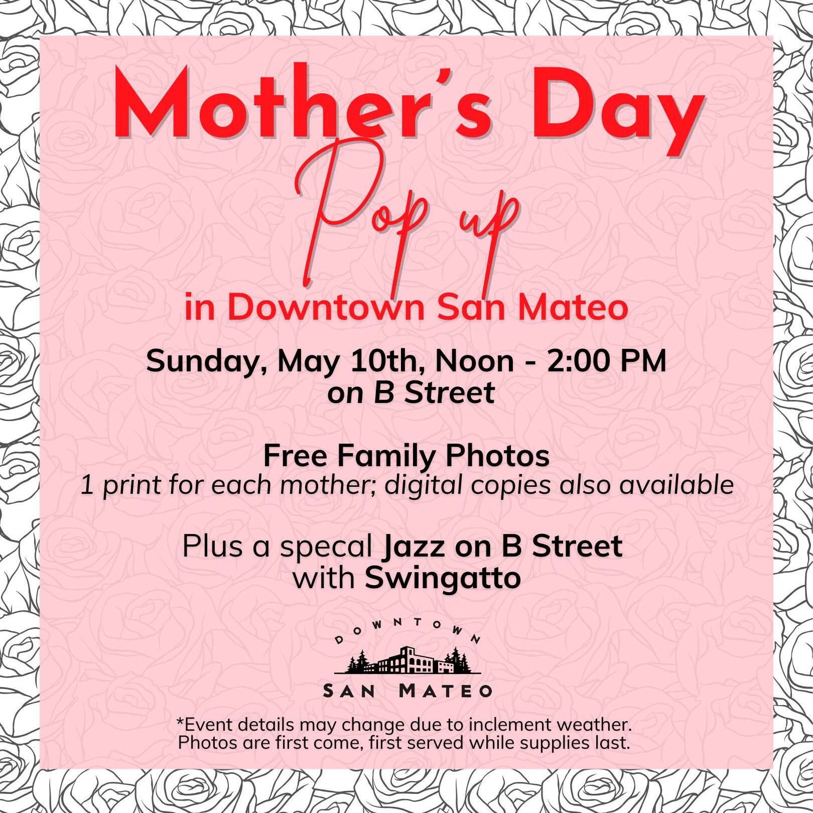 flyer for the event with black and white roses in the background