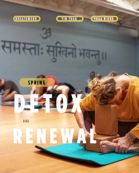 Photo of people practicing yoga with the words "Breathwork," "Yin Yoga," "Yoga Nidra," and "Spring Detox and Renewal"