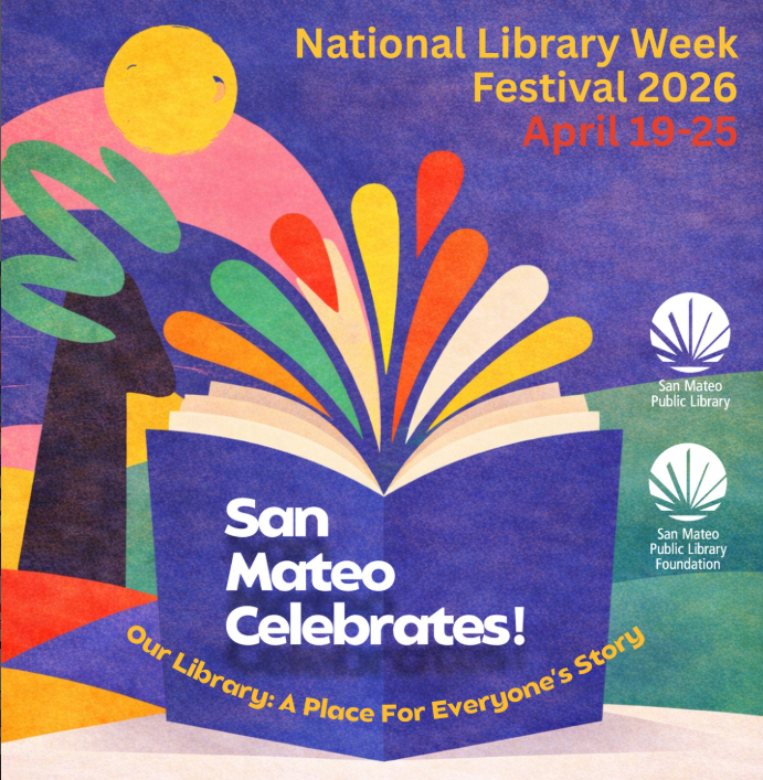 flyer for San Mateo Celebrates! with an artistic design of a book and a tree