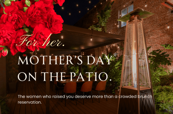 Photo of Olhso House patio and red flowers with information about the event