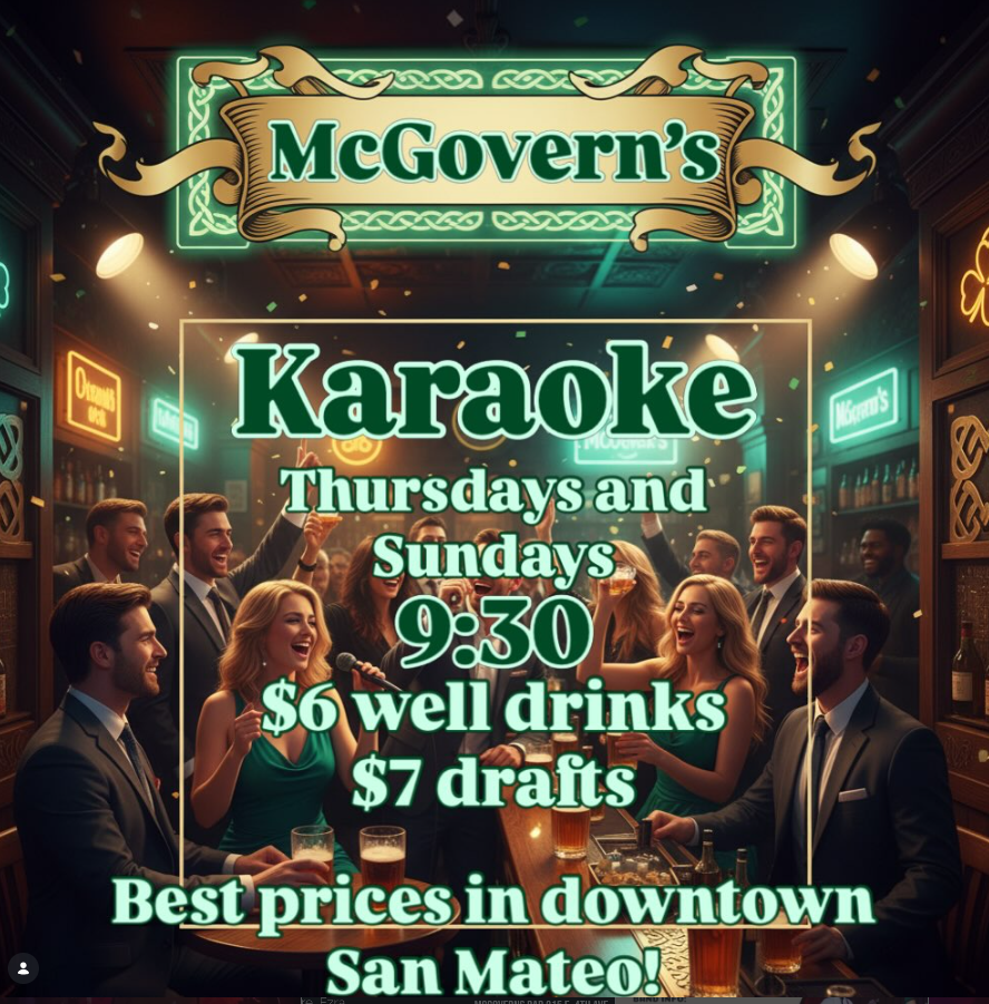flyer for karaoke nights at McGoverns with a background AI illustration of people singing and having fun