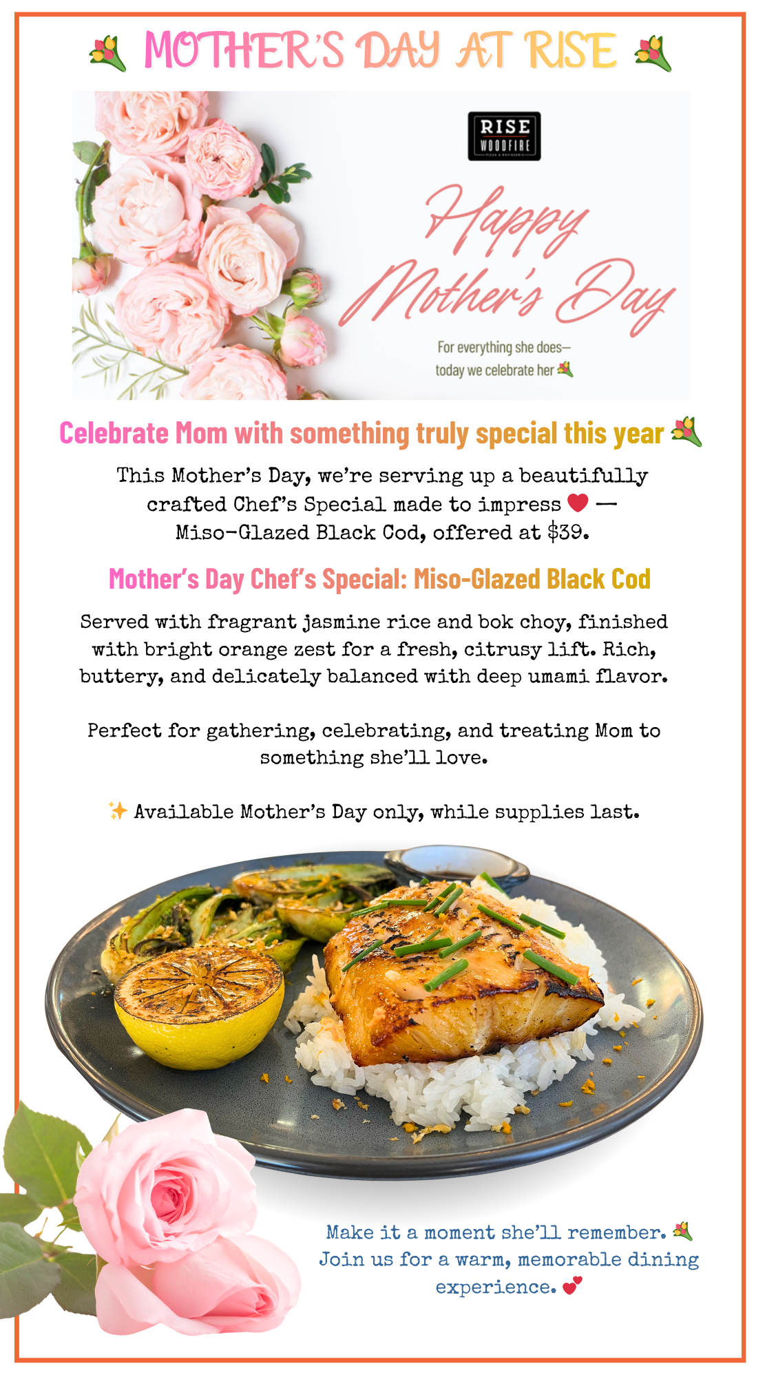Flyer for the Mother's Day special with a photo of cod on white rice with a halved lemon