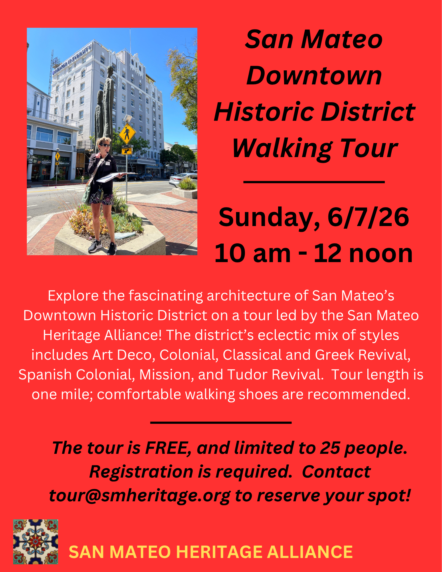 flyer for the event with a photo of a tour guide in front of Draper University