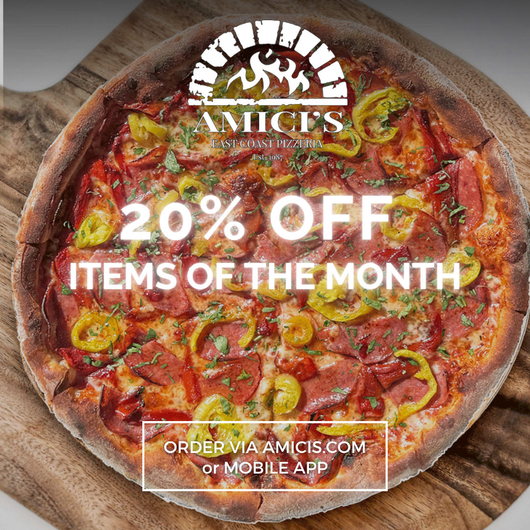 flyer for the special, with a photo of a pizza in the background