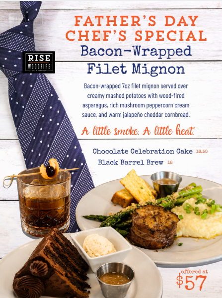 Flyer for the promo with photo images of a tie, a cocktail, and a steak dinner