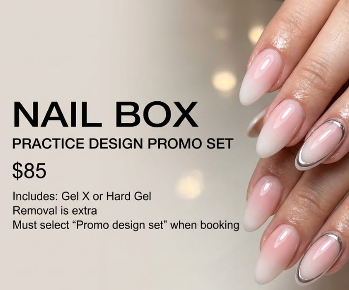 flyer for the promo with a photo of beautifully manicured nails with gold details