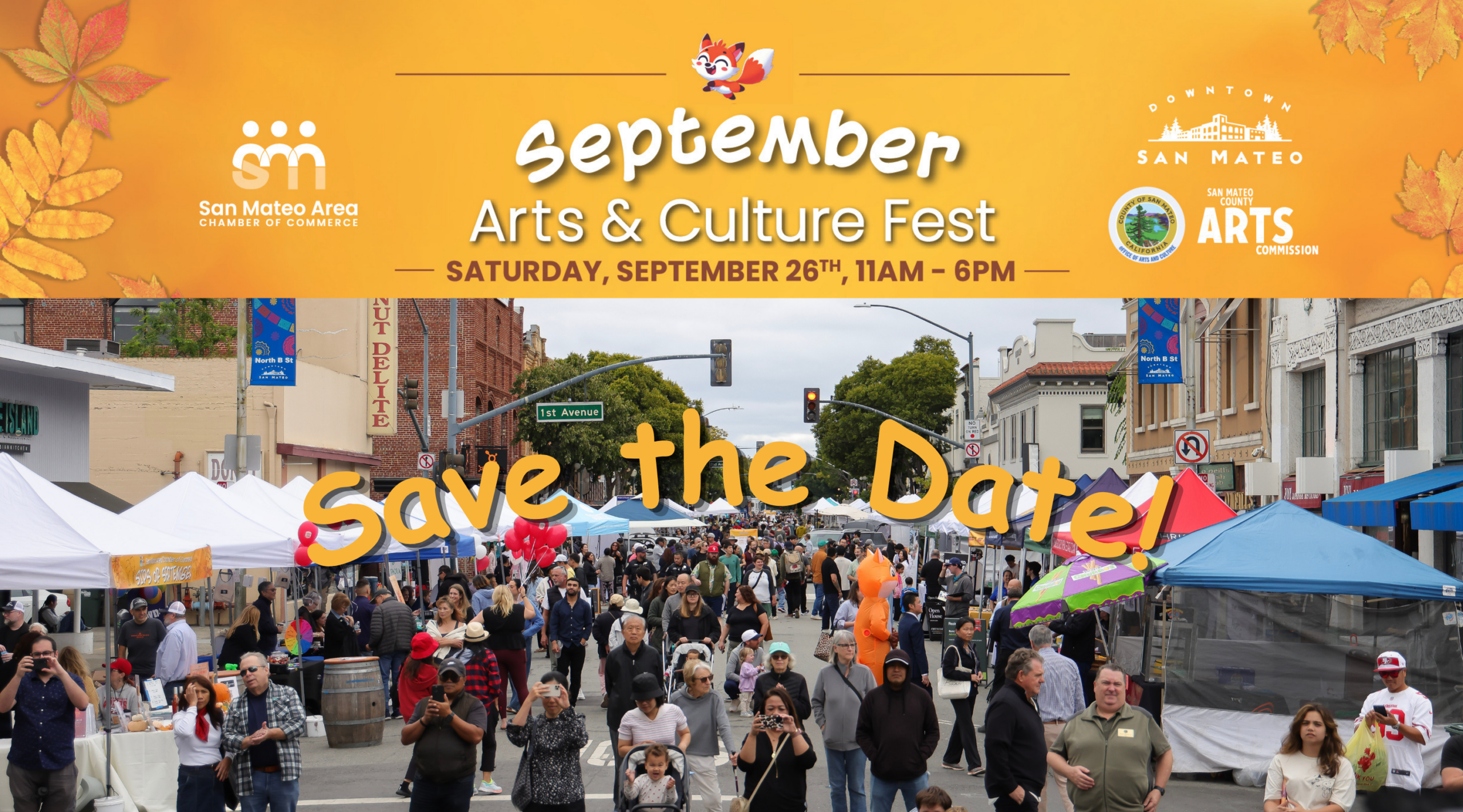 September arts and culture fest logo on the top half with a photo of the event and "save the date!" on the bottom half
