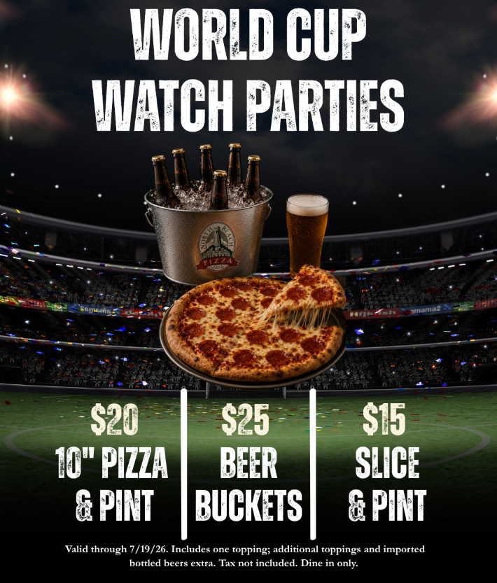 Flyer for the promotions with image of pizza and beer in front of a soccer field