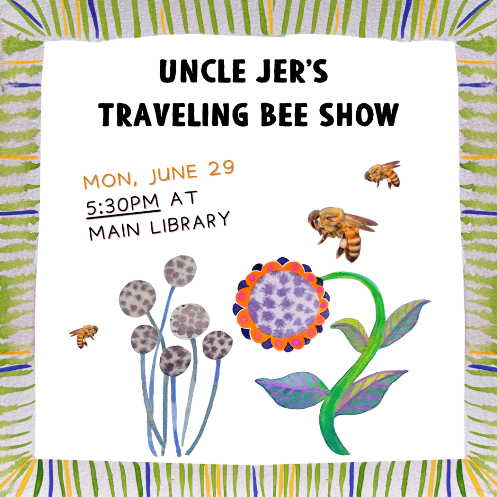flyer for the event with illustrated flowers and bees