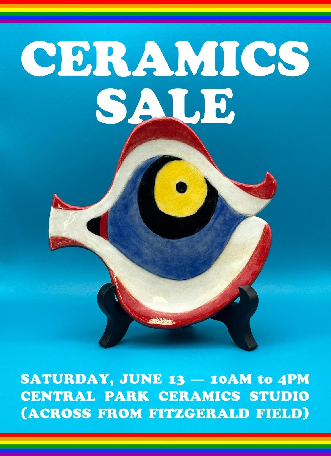 flyer for the ceramics sale with a photo image of a ceramic work that looks like a brown, white, blue, and yellow fish