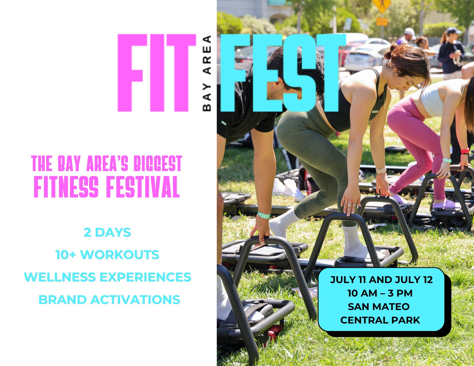 information about the event and a photo of three people exercising on Pilates reformers outside