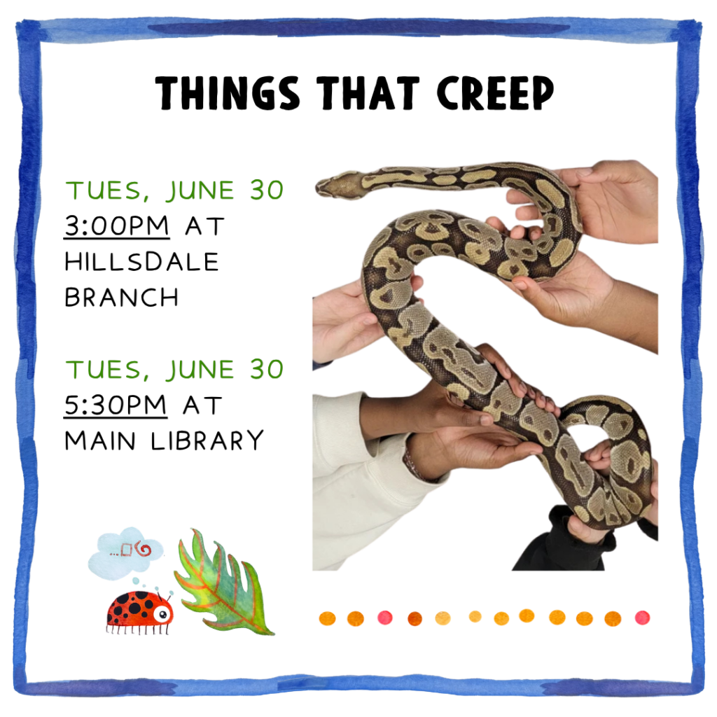 flyer for the event with a photo of kids' hands holding a snake