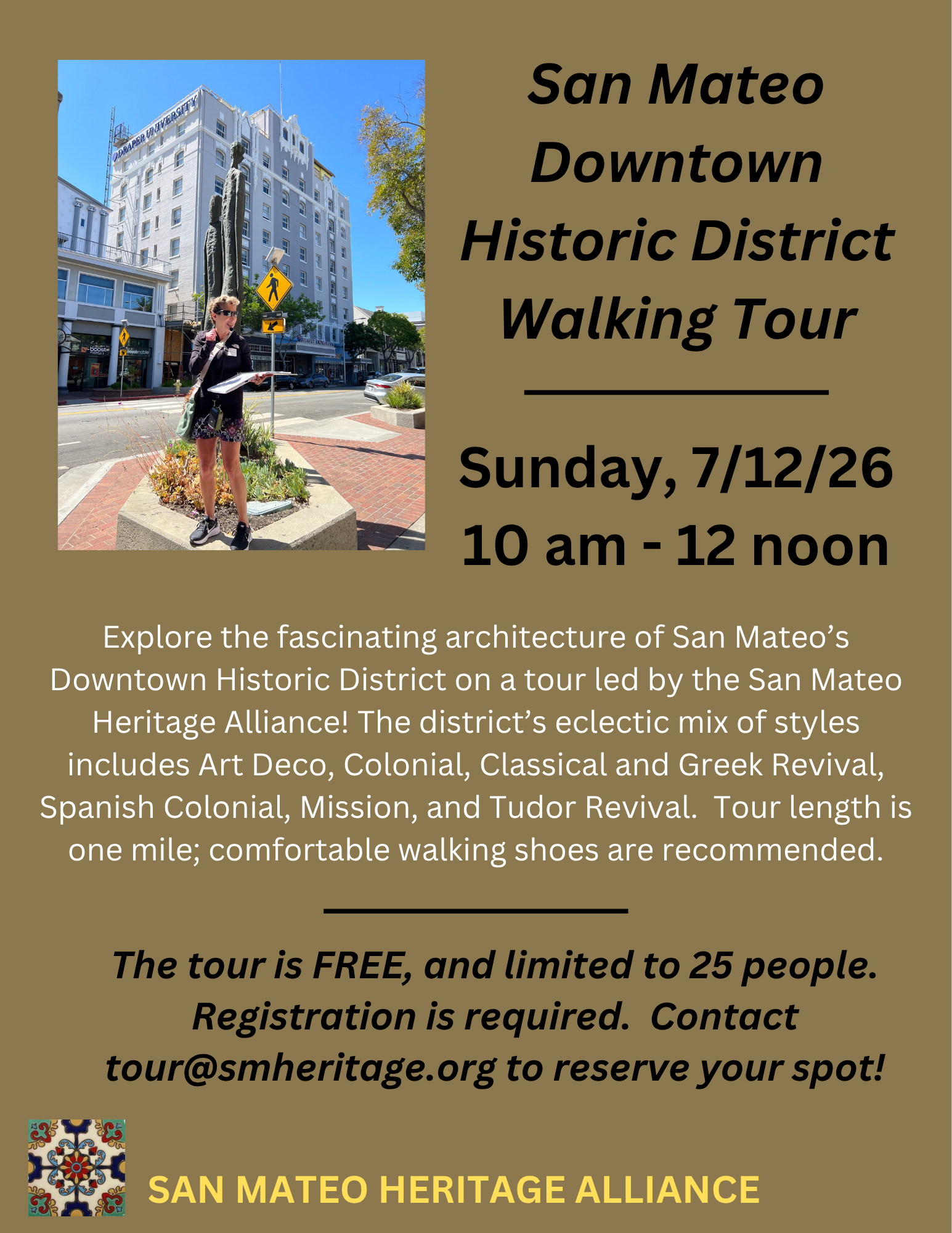 flyer for the event with a photo of a tour guide in front of Draper University