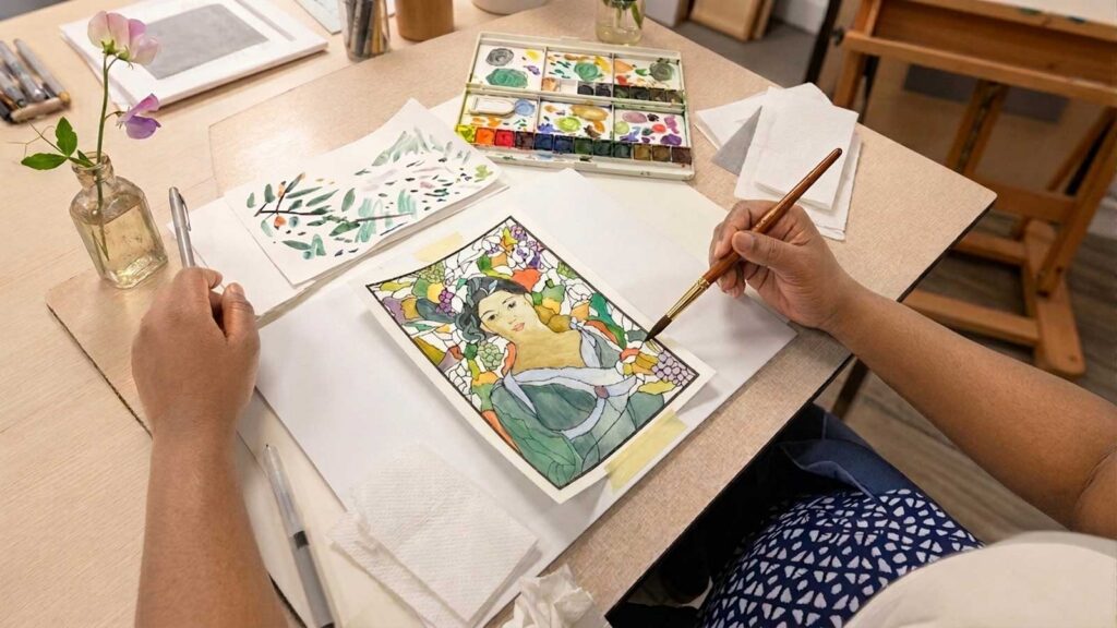 image of a hand painting a woman with watercolor paints