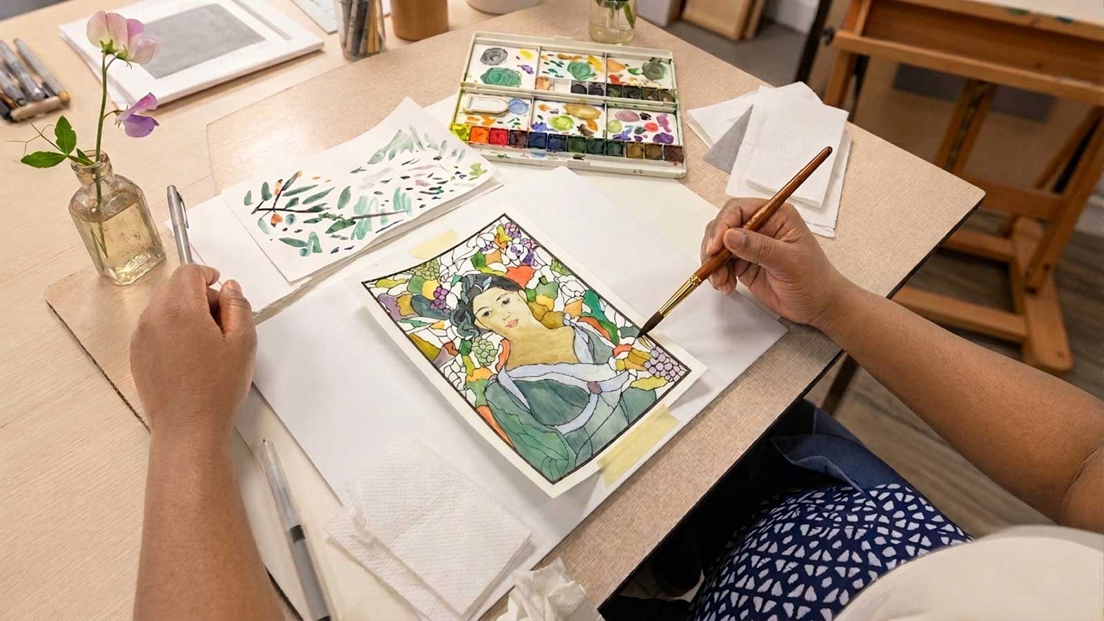 image of a hand painting a woman with watercolor paints