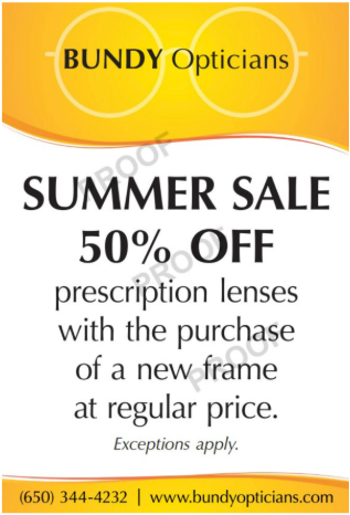Bundy Opticians Flyer. Summer Sale 50% Off