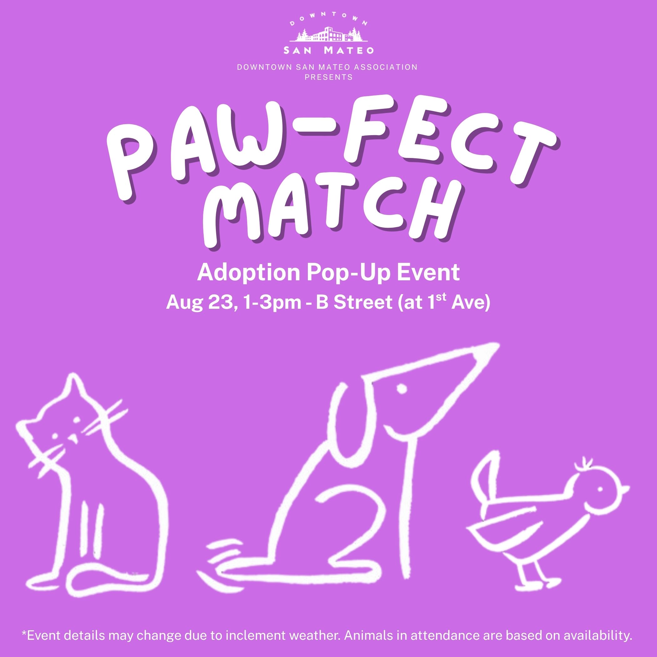 flyer for the event with doodles of a cat, dog, and bird