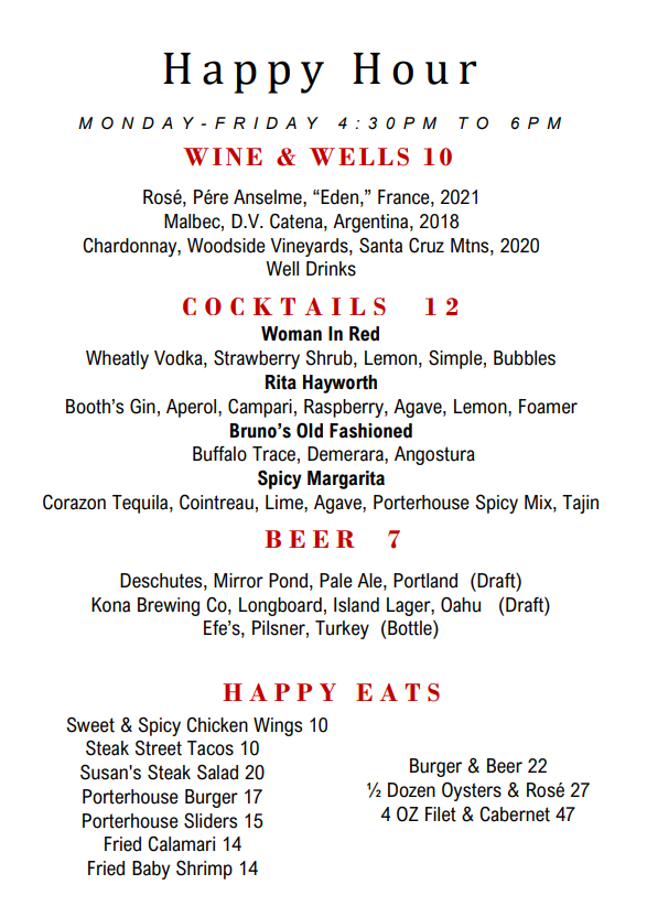 Porter House Happy Hour Menu.