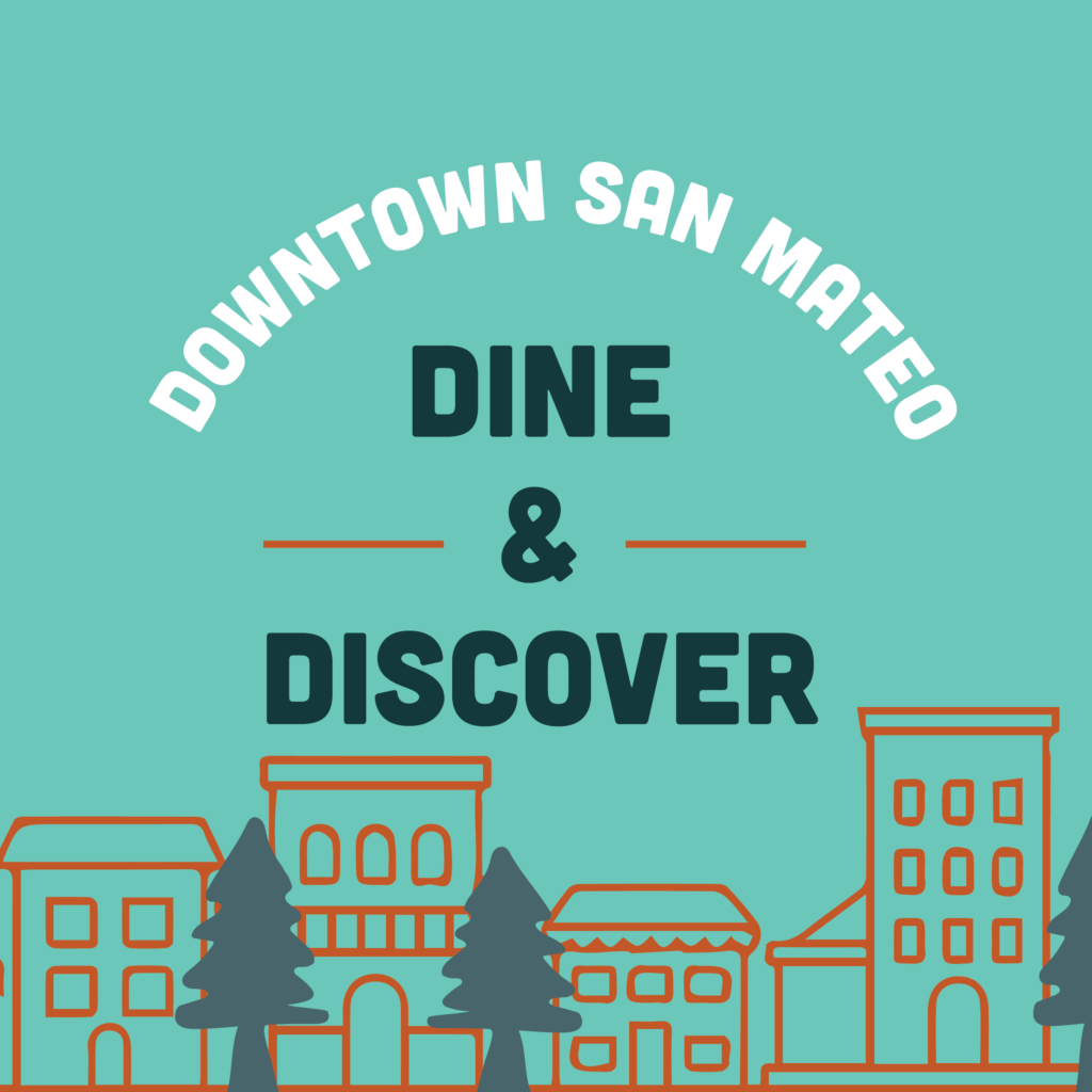 logo for Dine & Discover Downtown San Mateo with illustrated buildings and trees