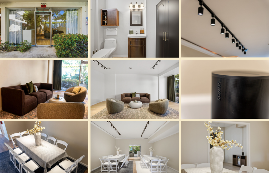 A 3x3 photo grid showcasing the interior and exterior of the Doho location in San Mateo, including its glass entrance, modern lounge, event seating with track lighting, ADA-accessible restroom, and decor details.