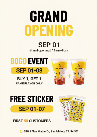 FLyer for the grand opening with photos of yogurt cups and branded stickers