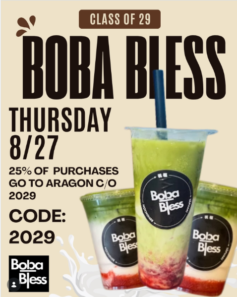 flyer for the fundraiser with a photo of three matcha drinks
