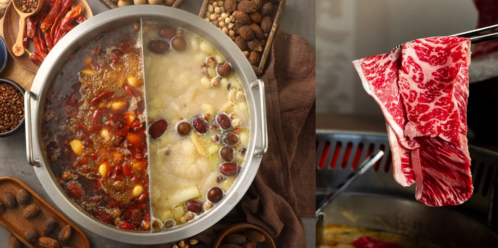 Two photos side by side, on the left a soup and on the right, a raw, thinly sliced piece of meat hanging off of chop sticks