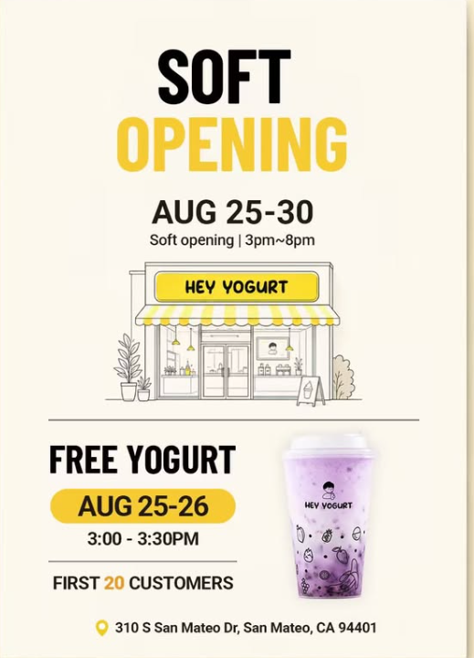 flyer for the soft opening with an illustration of the storefront and a photo of a yogurt cup