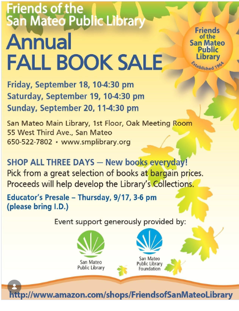 flyer for the book sale with painterly images of the sun and leaves falling