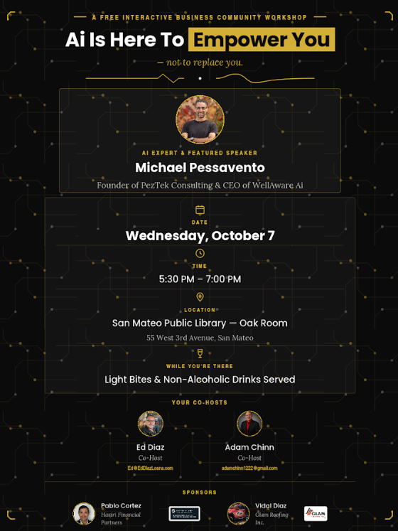 Flyer for a free interactive business community workshop about AI