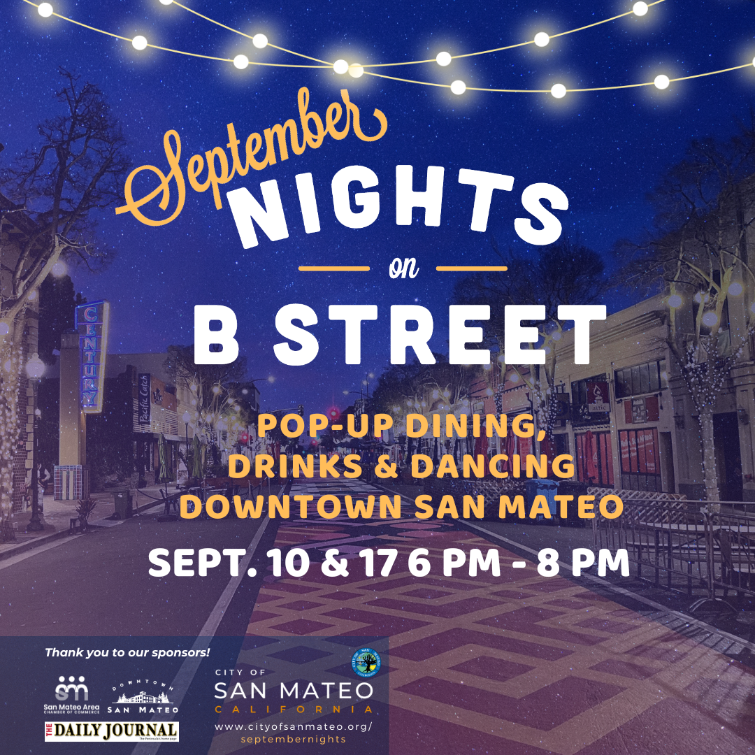 flyer for the events with a background image of B Street and the street mural