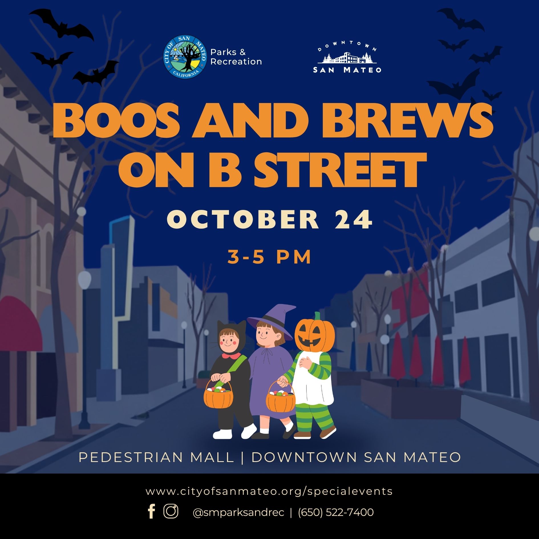 Promotional event graphic for "Boos and Brews on B Street," scheduled for October 24 from 3:00 PM to 5:00 PM at the Pedestrian Mall in Downtown San Mateo. Set against a night skyline with flying bats, the illustration features three trick-or-treating children in costume—a black cat, a witch, and a jack-o'-lantern.